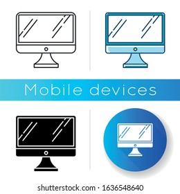 Desktop computer monitor icon. Regular personal computer. Display, screen. Electronic gadget. Digital device. Technology. Linear black and RGB color styles. Isolated vector illustrations