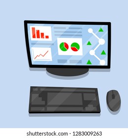 Desktop with computer monitor, keyboard and mouse. The view from the top. Business charts and diagrams. Office work of an economist. Cartoon flat illustration