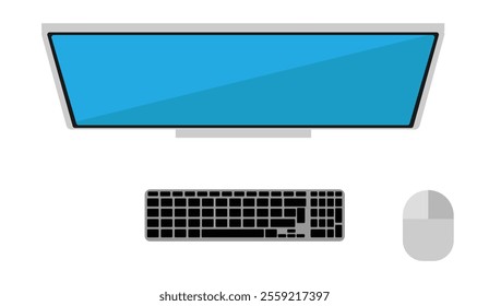 Desktop Computer Monitor with Keyboard and Mouse Top View. Technology and everyday work device vector art