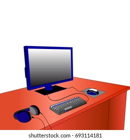 Desktop for computer with monitor and mouse and headphones, on white background.Vector