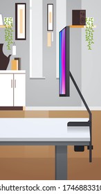desktop computer monitor office workplace modern cabinet interior vertical vector illustration