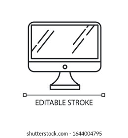 Desktop computer monitor pixel perfect linear icon. Regular personal computer. Display, screen. Thin line customizable illustration. Contour symbol. Vector isolated outline drawing. Editable stroke