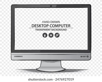 Desktop Computer Monitor Screen Vector Drawing Illustration with Transparent Background. Hand-drawn PC display mockup.