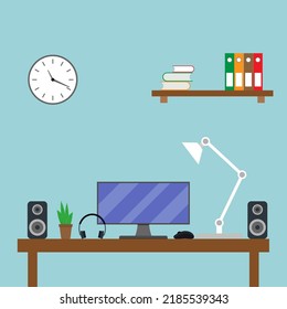 Desktop computer with monitor, speakers, keyboard, table lamp, clock, flowers? books and mouse. Flat style vector illustration.