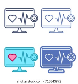 Desktop computer monitor with stethoscope and heartbeat symbol. Vector outline icon set. Telemedicine concept line pictograms. Thin contour infographic elements for web design, presentations, networks