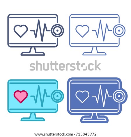 Desktop computer monitor with stethoscope and heartbeat symbol. Vector outline icon set. Telemedicine concept line pictograms. Thin contour infographic elements for web design, presentations, networks