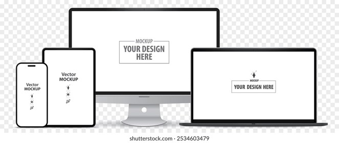 Desktop Computer Monitor, Tablet PC, Mobile Phone and Laptop Computer Mockup. Digital devices screen vector illustration template on transparent background. Easy editable vector file.