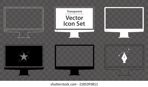 Desktop Computer Monitor Vector Icon Set. Blank displays with black, white and transparent screen.