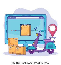 diseño de ilustraciones vectoriales del servicio de entrega de computadoras de escritorio y motocicletas