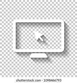 Desktop computer and mouse arrow. Simple digital icon. White icon with shadow on transparent background