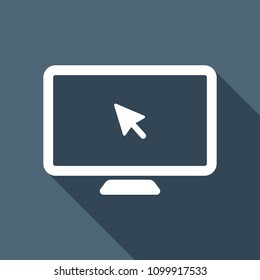 Desktop computer and mouse arrow. Simple digital icon. White flat icon with long shadow on background