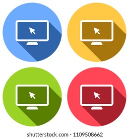 Desktop computer and mouse arrow. Simple digital icon. Set of white icons with long shadow on blue, orange, green and red colored circles. Sticker style