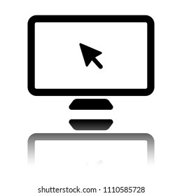 Desktop computer and mouse arrow. Simple digital icon. Black icon with mirror reflection on white background