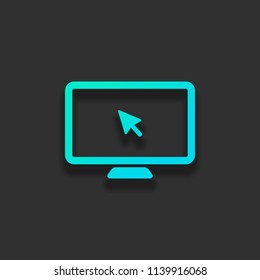 Desktop computer and mouse arrow. Simple digital icon. Colorful logo concept with soft shadow on dark background. Icon color of azure ocean