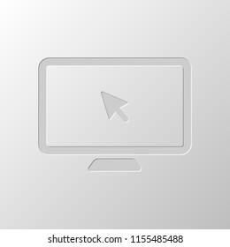 Desktop computer and mouse arrow. Simple digital icon. Paper design. Cutted symbol. Pitted style