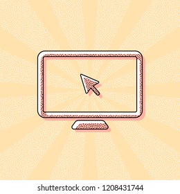 Desktop computer and mouse arrow. Simple digital icon. Vintage retro typography with offset printing effect. Dots poster with comics pop art background