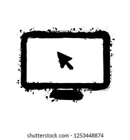 Desktop computer and mouse arrow. Simple digital icon. Black ink with splashes on white background