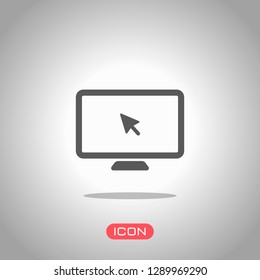 Desktop computer and mouse arrow. Simple digital icon. Icon under spotlight. Gray background