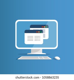 Desktop computer with mouse and keyboard. Browser windows on the screen. Vector illustration in flat style.