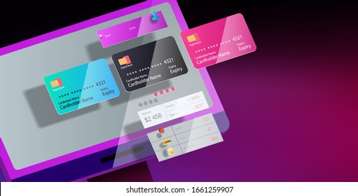 Desktop computer on a purple background with an Internet Bank interface in space. Vector banner