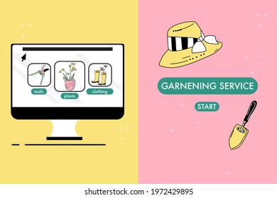 Desktop computer with online gardening shop. Store website.Catalog of tools for planting and seedling in doodle style.Ordering goods and flowers through internet.Eco hobby.Illustration with hat,boots