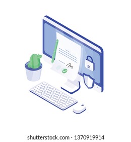 Desktop computer, paper document with signature on it, lock and shield. Electronic signature or e-signature, authenticity confirmation. Secure, safe technology. Modern isometric vector illustration.