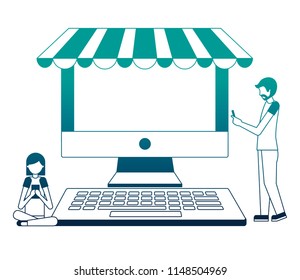 desktop computer with parasol and people