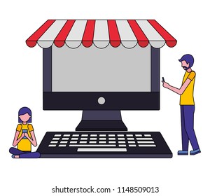 desktop computer with parasol and people