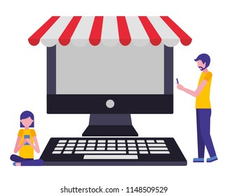 desktop computer with parasol and people