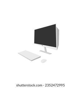 Desktop computer or personal computer or pc illustration in black, white and grey color. Vector monitor, keyboard and mouse illustration design for office work.
