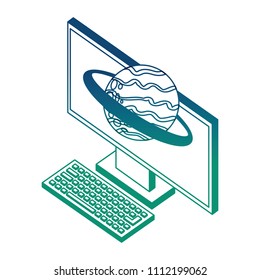 desktop computer with planet saturn isometric icon