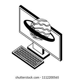 desktop computer with planet saturn isometric icon
