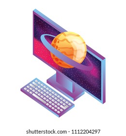 desktop computer with planet saturn isometric icon