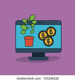 desktop computer with plant pot and coins in screen in violet background vector illustration