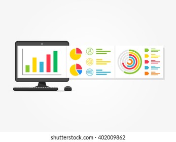 Desktop (computer) presentation vector illustration. Presentation app with charts, diagrams creative concept. Business presentation layout graphic design.
