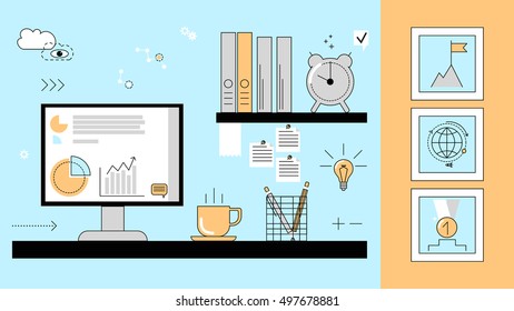 Desktop with a computer rack with documents in the office interior. Vector Linear flat