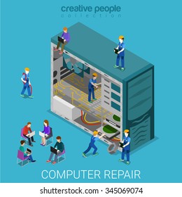 Desktop Computer Repair Service Flat 3d Isometry Isometric Concept Web Vector Illustration. Micro Serviceman Inside Case Repairing Components. Creative People Collection.