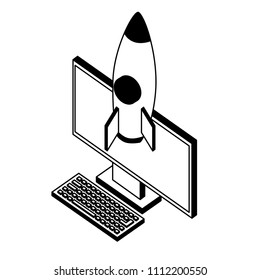 desktop computer with rocket launcher isometric icon