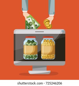 desktop computer with savings bottle of coins and bills in screen in orange background vector illustration