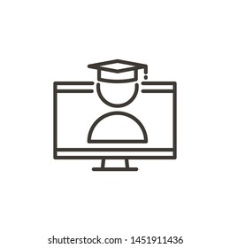 Desktop computer screen with academic student representing online education. Modern trendy vector thin line icon illustration for e-learning, education and back to school concepts