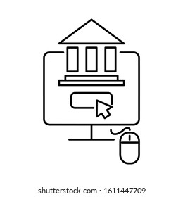 Desktop computer screen and bank icon. Concept of online banking. Outline thin line flat illustration. Isolated on white background. 