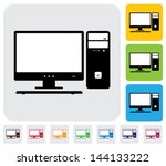 Desktop computer screen, CPU and keyboard- simple vector graphic. The illustration has simple colorful icons on green,orange & blue backgrounds & is useful for websites,blogs,documents,printing,etc