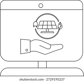Ein Desktop-Computer-Bildschirm zeigt eine Hand, die eine Sonnenkollektion hält, umgeben von einem Kreis mit einem Stecker und Blatt