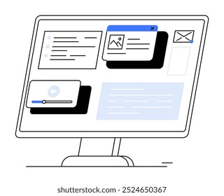 Desktop computer screen with email, image, video, and text elements. Ideal for web design, digital marketing, online learning, user interface design, productivity tools. Simple, minimalist, vector