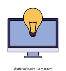 desktop computer screen with light bulb in white background vector illustration design
