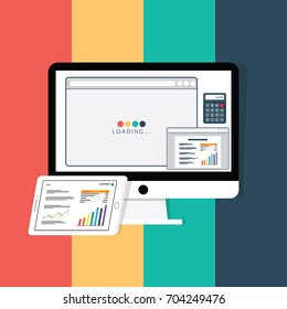 desktop computer screen with loading page browser and digital calculator. Text and Graphic editor icon on Flat style vector illustration