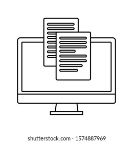 desktop computer screen with sheet of paper on white background vector illustration design