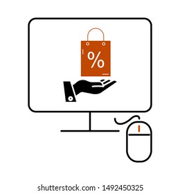 Desktop computer screen shows a hand holding a shopping bag. Flat style. 
