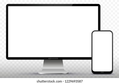 Desktop Computer Screen and Smart Phone Vector Illustration with Transparent Background