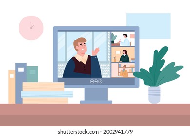 Desktop computer screen with virtual video conference chat, cartoon vector illustration. Online communication and distance work concept of banner or poster.